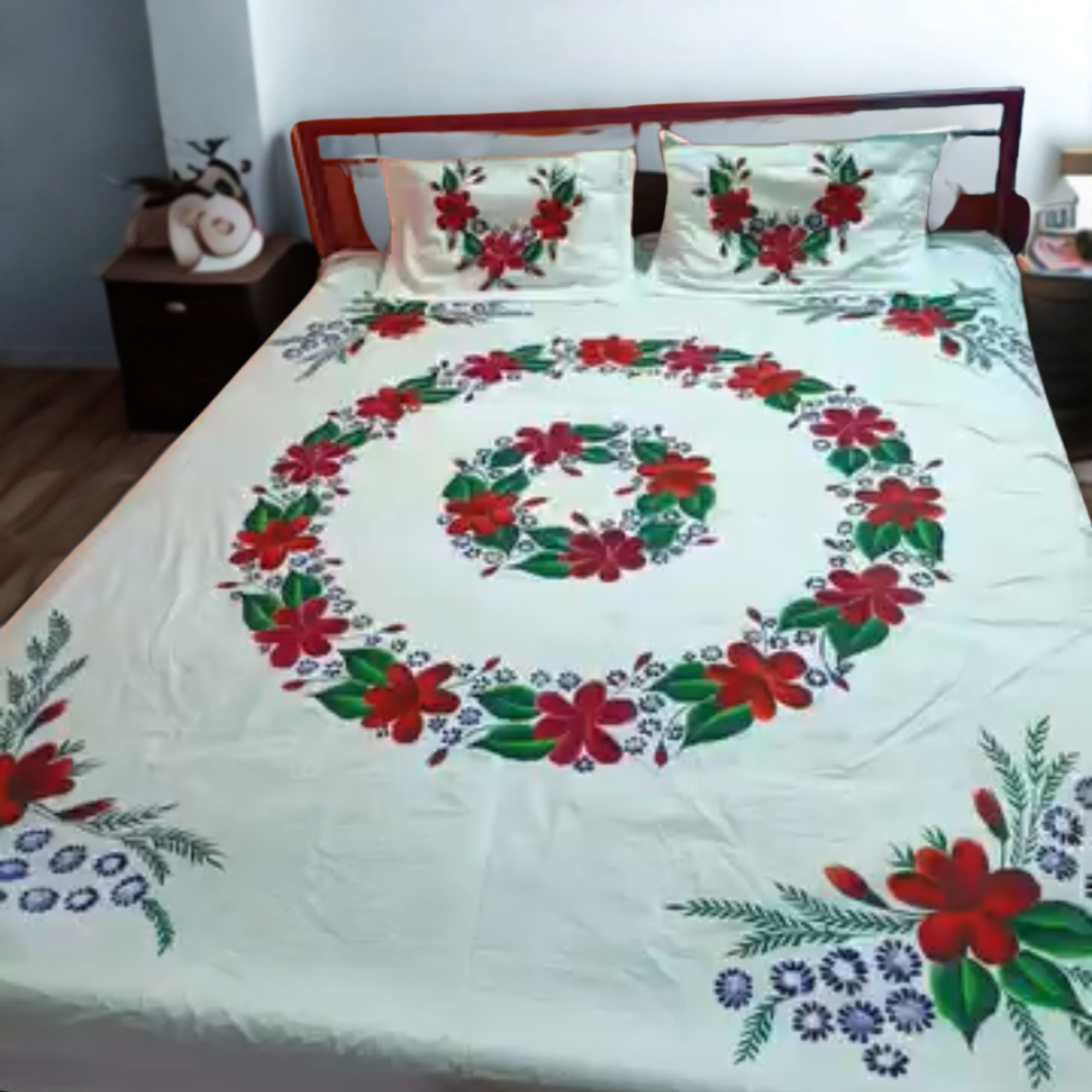 Elegant Hand-Painted Bedsheet Set with 2 Pillow Covers – Artistic & Premium Cotton