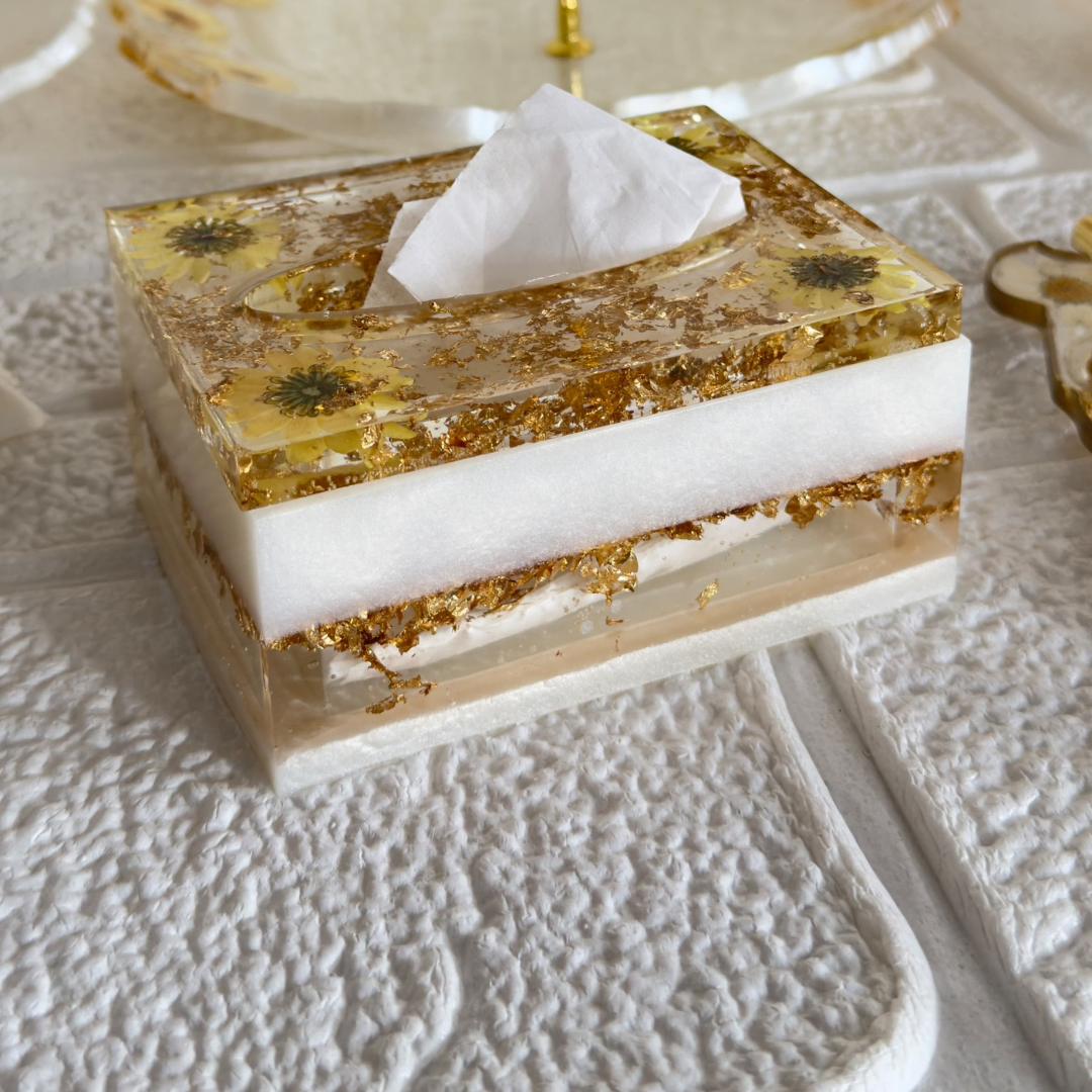 Handmade Resin Tissue Box with Dried Flowers & Gold Foil