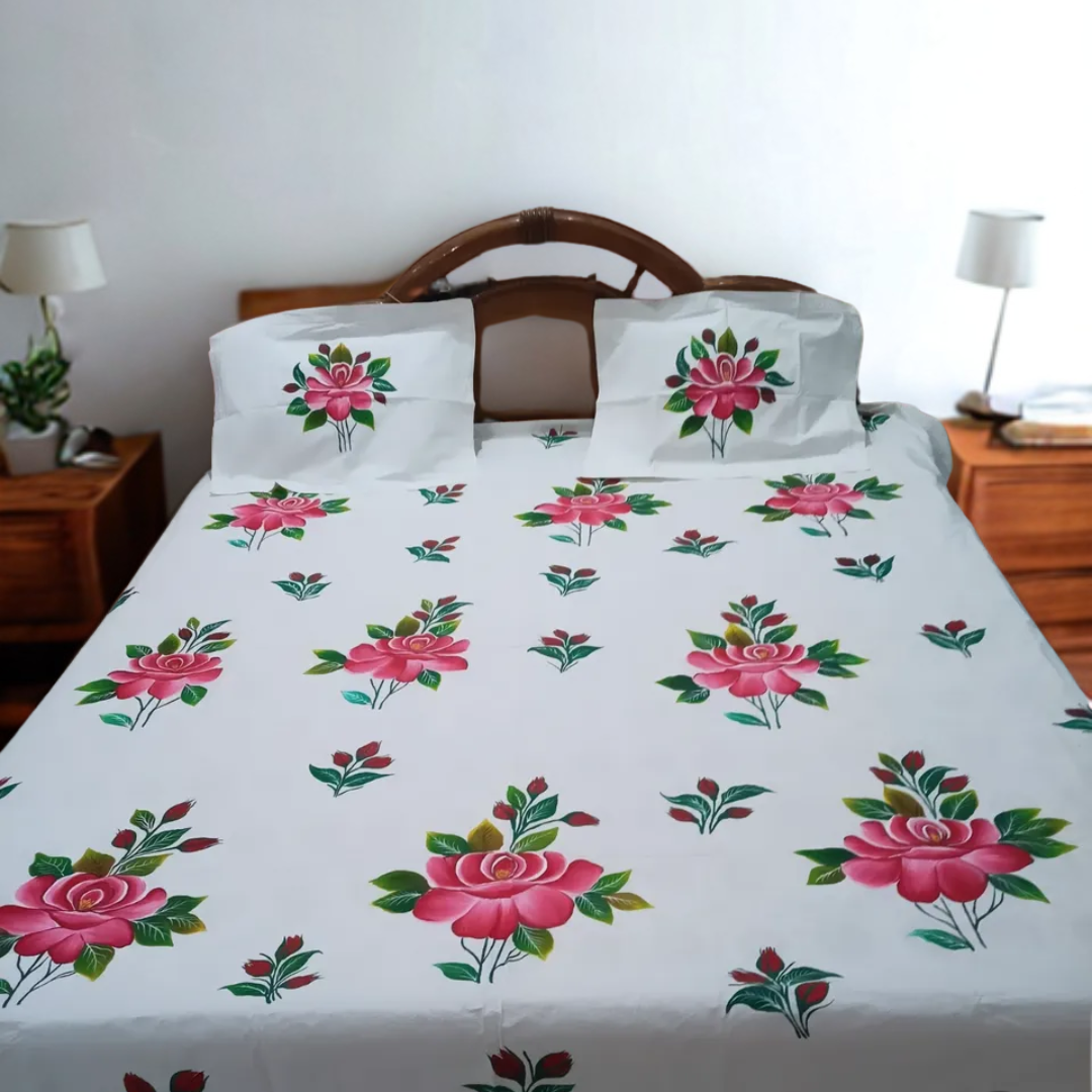 Elegant Hand-Painted Bedsheet Set with 2 Pillow Covers – Artistic & Premium Cotton