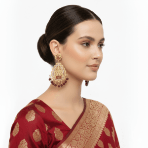 Shoppya Traditional 22K Gold-Plated Kundan & Maroon Bead Jhumka Earrings for Women | Ethnic Floral Filigree Drop Earrings with White Stone Embellishments