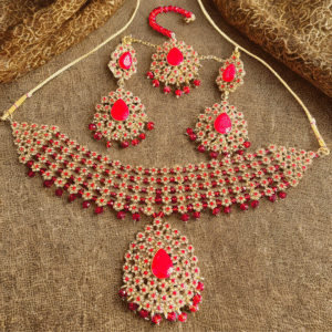 royal red & gold kundan bridal jewelry set – necklace, earrings & maang tikka