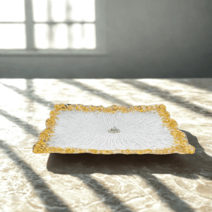 Artisan White and Gold Leaf Decor Statement Serving Tray, Handcrafted Crystal Clear Resin with 24K Style Gold Leafing, Sunburst Texture, Scalloped Edge