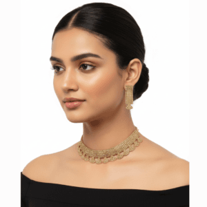 Exquisite Gold-Toned Rhinestone Choker Necklace & Earring Set